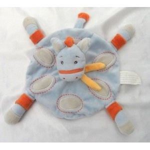 Doudou Peluche Plat Rond Cheval Ane Bleu Gris Orange Echarpe Jaune Kimbaloo - Occasion