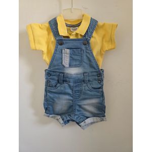 Salopette Courte En Jean Effet Us&eacute; + Polo 6 Mois - Occasion