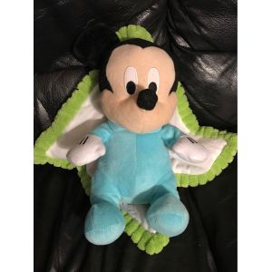 Doudou Peluche Mickey Bleu 30 Cm Couverture Jaune Vert Nuage Disney - Occasion