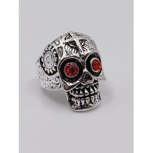 Bague T&ecirc;te De Mort Fleurie Avec Croix , Crane,Yeux Rouge ,M&eacute;tal Argent&eacute;,Strass Rouge,Taille 19.74 - Occasion