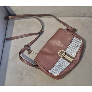 Sac &agrave; main Fossil en cuir brun et toile motif bandouli&egrave;re r&eacute;glable - Occasion