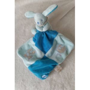 Doudou lapin mouchoir plat babynat bleu turquoise poisson algue luminescent - Occasion