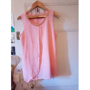 Top Rose Double Voilage Col Chaine Dorée 42 Xl Cocco Rosso. - Occasion