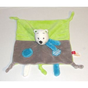 Doudou Plat Ours Tex Baby Gris Vert Marionnette Peluche Ourson Cmi - Occasion