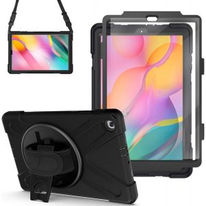 Coque Pour Samsung Galaxy Tab A 2019 10.1 Pouces (Sm-T510/T515), Robuste &Eacute;tui Avec Protection D'&Eacute;cran, Support Rotatif, Dragonne Et Bandouli&egrave;re R&eacute;glable, Housse Pour Galaxy Tab A 2019, Noir - Occasion