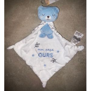 Doudou ours mon papa Mots d'enfants ourson peluche cape mouchoir blanc feuilles feuillages jouet b&eacute;b&eacute; - Occasion