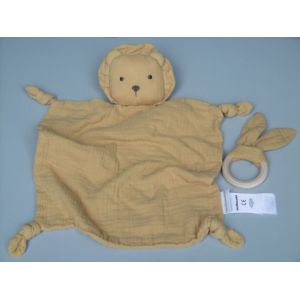 Doudou Lion Lange Plat Jaune Moutarde + Anneau Bois Vertbaudet - Occasion