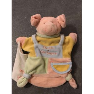 Doudou Et Compagnie Marionnette Cochon Orange Rose Vert Mouchoir - Occasion