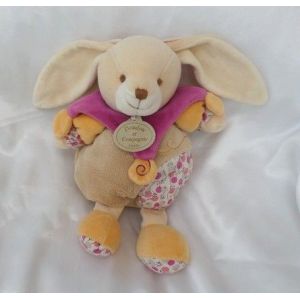 Doudou Peluche Lapin Beige Orange Col Rose Fushia Fleurs Doudou Et Compagnie - Occasion