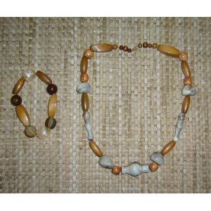 Parure Collier + Bracelet Cailloux Ivoire Et Bois Marron - Occasion