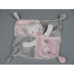 Doudou Chat Plat Rose Gris Blanc Oiseau Mots D'enfants - Occasion