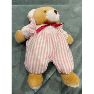 Doudou Peluche Ours Nicotoy Rose Ray&eacute; Noeux Rouge - Occasion