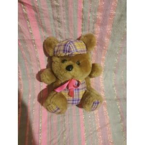 Doudou Peluche Ours Casquette Assis Beige Marron Ecossais Violet Ruban Rose Cp - Occasion