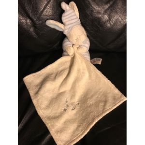 Doudou Peluche Lapin Beige Bleu Et Blanc Ray&eacute; Mouchoir Etoiles Et Lune Grise 19cm - Occasion