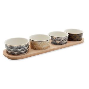 Service Ap&eacute;ritif Plateau Bambou Ovale 38 Cm Et 4 Coupelles Porcelaine Imprim&eacute; Bor&eacute;al Mathon - Occasion