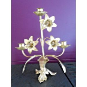 ancien 19e beau chandelier bougeoir candélabre laiton décor floral 34 x 27 cm - Occasion
