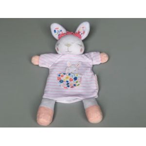 Doudou lapin marionnette Sergent Major blanc ray&eacute; rose poche fleurs - Occasion