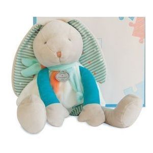 Doudou Lapin Happy Doudou Et Compagnie Collection Puzzle Grand Modele Peluche Ouet Bebe Naissance Blanc Bleu Turquoise - Occasion