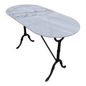 Table De Bistrot En Fonte Et Plateau En Marbre Ovale Ancienne Blanc - Occasion