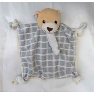 Doudou Peluche Plat Ours Beige Carreaux Gris Et Blanc Noeuds Nounours - Occasion