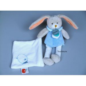 Doudou lapin mouchoir Baby Nat bleu blanc beige orange h&eacute;risson - Occasion