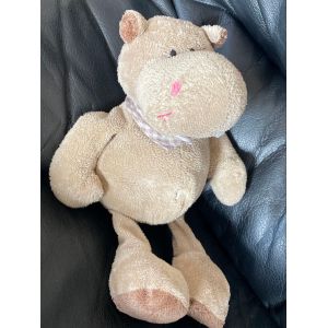 Doudou peluche hippopotame marron beige nez rose bandana &agrave; carreaux marron blanc eac 27cm - Occasion