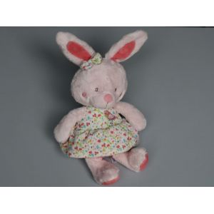 Doudou lapin rose Tex Baby robe fleur oiseau brod&eacute; - Occasion