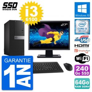 PC Tour Dell 7050 Ecran 27" Core i3-6100 RAM 64Go SSD 240Go HDMI Windows 10 Wifi - Occasion