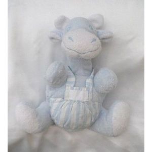 Doudou Peluche Vache Girafe Assise Bleu Blanc Salopette Rayée Tartine Et Chocolat - Occasion