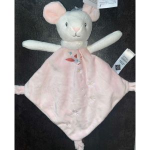 DOUDOU SOURIS TEX BABY MOUCHOIR ROSE BLANC FLEURS OISEAU PELUCHE JOUET BEBE NAISSANCE - Occasion
