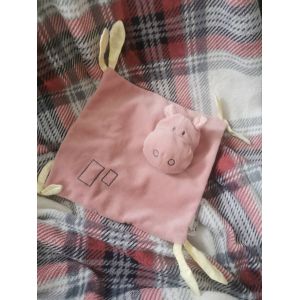Doudou Plat Hippopotame Rose Brod&eacute; Rectangle Tissu Jaune Sidj Tigex - Occasion