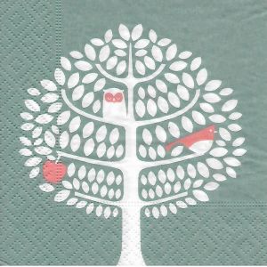 serviette en papier motif Arbre, chouette, oiseau et pomme sur fond vert / 12,5*12,5 - Occasion