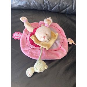 DOUDOU PLAT ROND LAPIN ROSE GRIS JAUNE TORTUE BABY NAT 23CM - Occasion