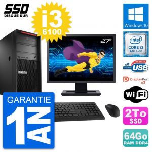 PC Tour Lenovo P320 MT Ecran 27" Intel i3-6100 RAM 64Go SSD 2To Windows 10 Wifi - Occasion