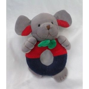 Doudou Anneau Hochet Chien Gris Rouge Bleu Marine Nounours Noeud Vert - Occasion