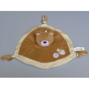 Doudou Plat Ours, Velours Et Peluche Marron, Beige, 3 Noeuds, Berlingot - Occasion