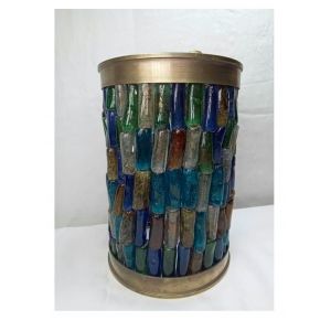 Suspension lumineus HEBRON perles d verre couleur structur metallic ann&eacute; 60 Isra&euml;l Haut20cm envx15cm deco ABATJOUR d LAMPE Lanterne artisanal styl Murano lampion cylindric lumiere plafond d LUMINAIRE - Occasion