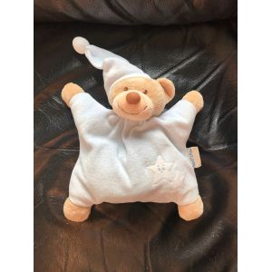 Doudou Coussin Bout' Chou Ours Bleu Beige Etoile Grelot Bonnet - Occasion