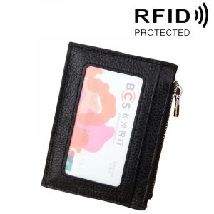 Porte Carte Protection sans contact ANTI RFID noir Cuir de vachette couleur unie &agrave; glissi&egrave;re titulaire de la portefeuille RFID blocage sac prot&eacute;ger &eacute;tui &agrave; monnaie, taille: 11 * 8 * - Occasion