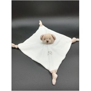 Doudou plat ours ABSORBA Octave blanc cr&egrave;me 4 noeuds - noeud rose sur la t&ecirc;te - Occasion