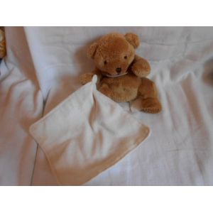 Doudou Peluche Ours Marron 20 Cm Baby Nat, Avec Mouchoir Blanc Billes Au Popotin Babynat - Occasion