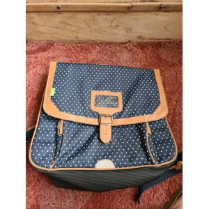 Cartable marine à pois blancs bordé de cuir fauve Tann's - Occasion
