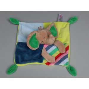 Doudou &eacute;l&eacute;phant plat Nicotoy bleu vert rayures multicolores tricot - Occasion