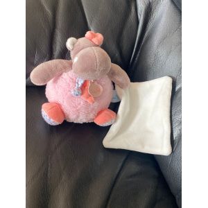 Doudou peluche boule hippopotame rose et gris zo&eacute; 14cm avec mouchoir blanc - Occasion