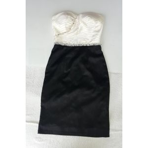 Liu. C Robe Soirée Satin Bustier Broderie Perles Riviere Diams Ceinture Ivoire & Noir Cocktail Mariage 36 Fourreau Bicolor Court Jupe Noire Ceremonie Chic Feminin Glamour Habillé Celebration Sorti Rdv - Occasion