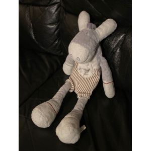 Doudou Peluche Âne Gris Salopette Rouge Et Blanche Rayée Sans Le Hochet 32cm - Occasion