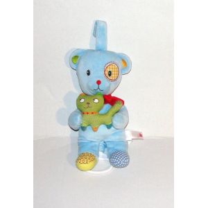 Doudou Ours Bleu Avec Cocard Tissus Vichy Jaune Blanc Et Son Doudou Chat Musical Berceuse Doudou Peluche Nicotoy 24cm - Occasion