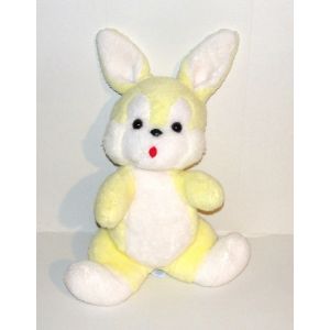 Peluche Lapin Jaune Blanc Grand Model Vintage Nounours - Doudou Lapin Assis 41 Cm - Occasion