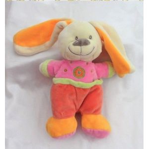Doudou Peluche Lapin Chien Ecru Rose Orange Vert Rond Pommette - Occasion