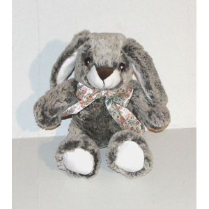 Doudou Lapin Gris Blanc Avec Ruban En Satin Motifs Fleurs Cotton Blue 16cm - Occasion